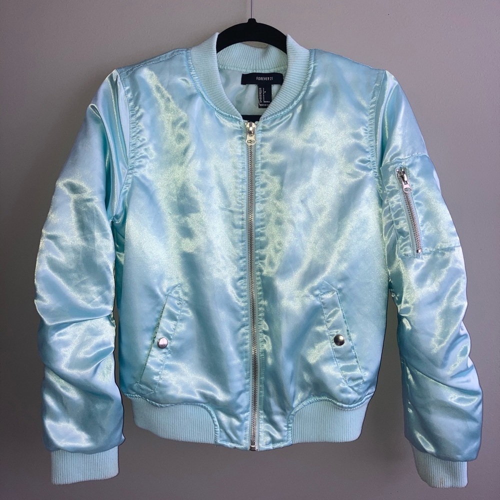 Metallic blue bomber jacket